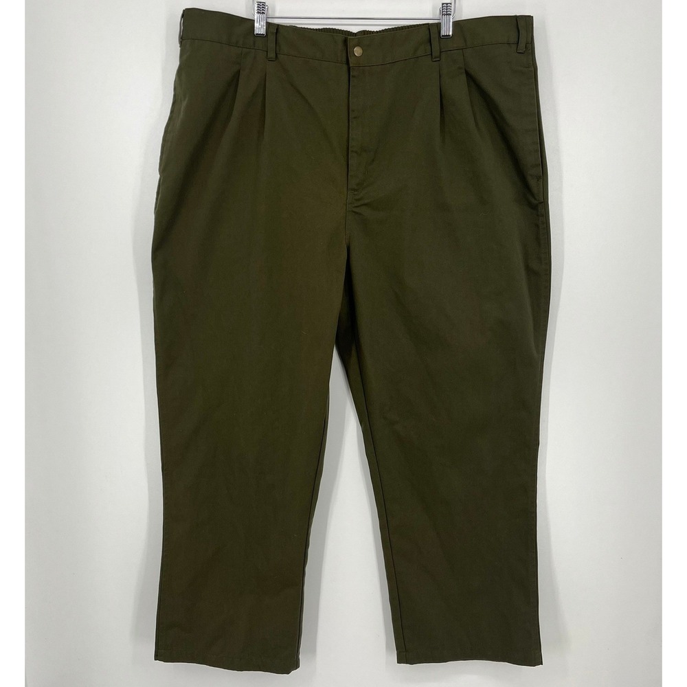 Haband Travelers Mens Pants 48 Olive Green Pleated Elastic Waist Twill Trousers